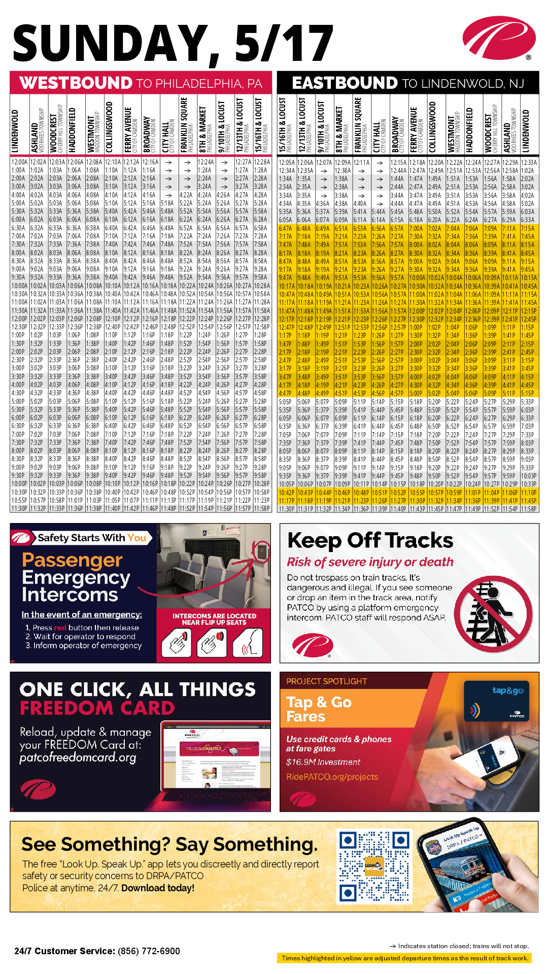 PATCO special schedule page for May 17, 2026