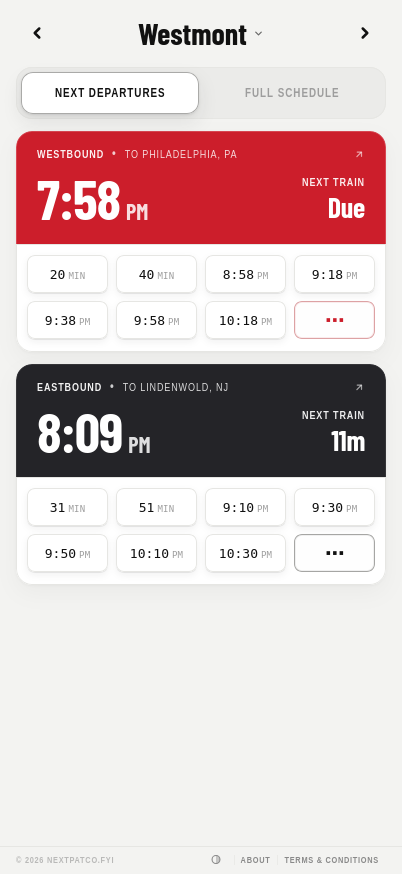 Mobile view of nextpatco.fyi displaying upcoming departures in both directions