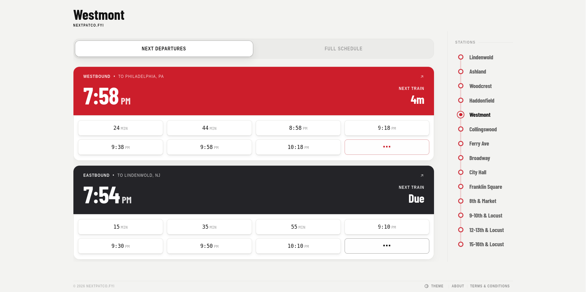 Main page of nextpatco.fyi displaying upcoming departures in both directions